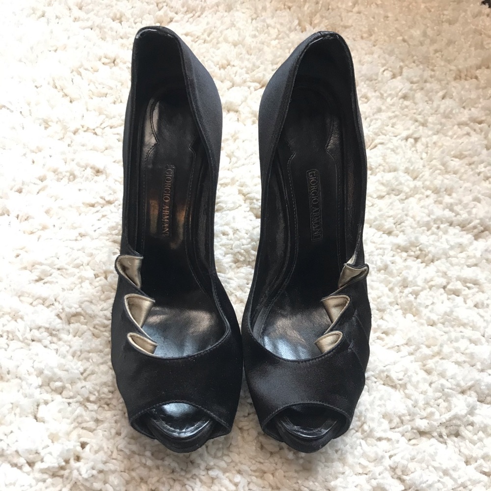 Show stopping black satin Armani platform heels